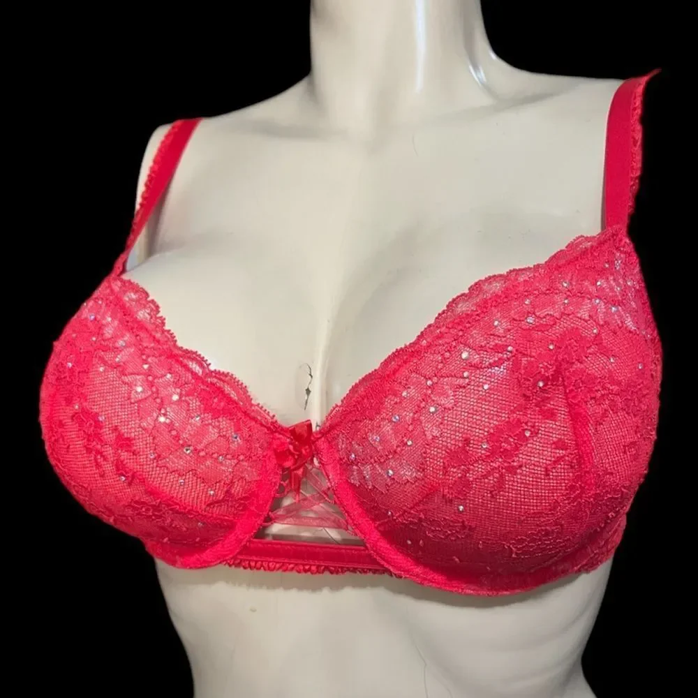 Victorias Secret Designer Collection Rhinestone Embellished Unlined Demi Bra Red